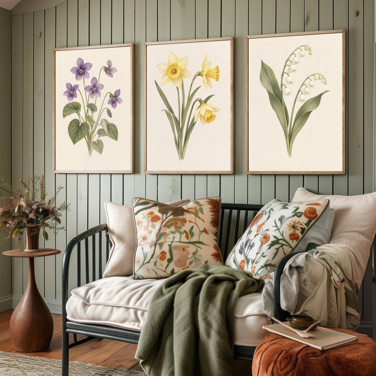 February, March and May Birth Flower Set of Three Art Prints - Violet, Daffodil, Lily of the Valley - Soft Watercolour Illustration Posters