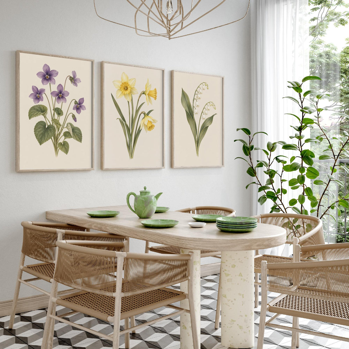 February, March and May Birth Flower Set of Three Art Prints - Violet, Daffodil, Lily of the Valley - Soft Watercolour Illustration Posters