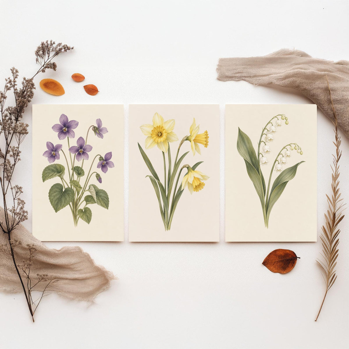 February, March and May Birth Flower Set of Three Art Prints - Violet, Daffodil, Lily of the Valley - Soft Watercolour Illustration Posters