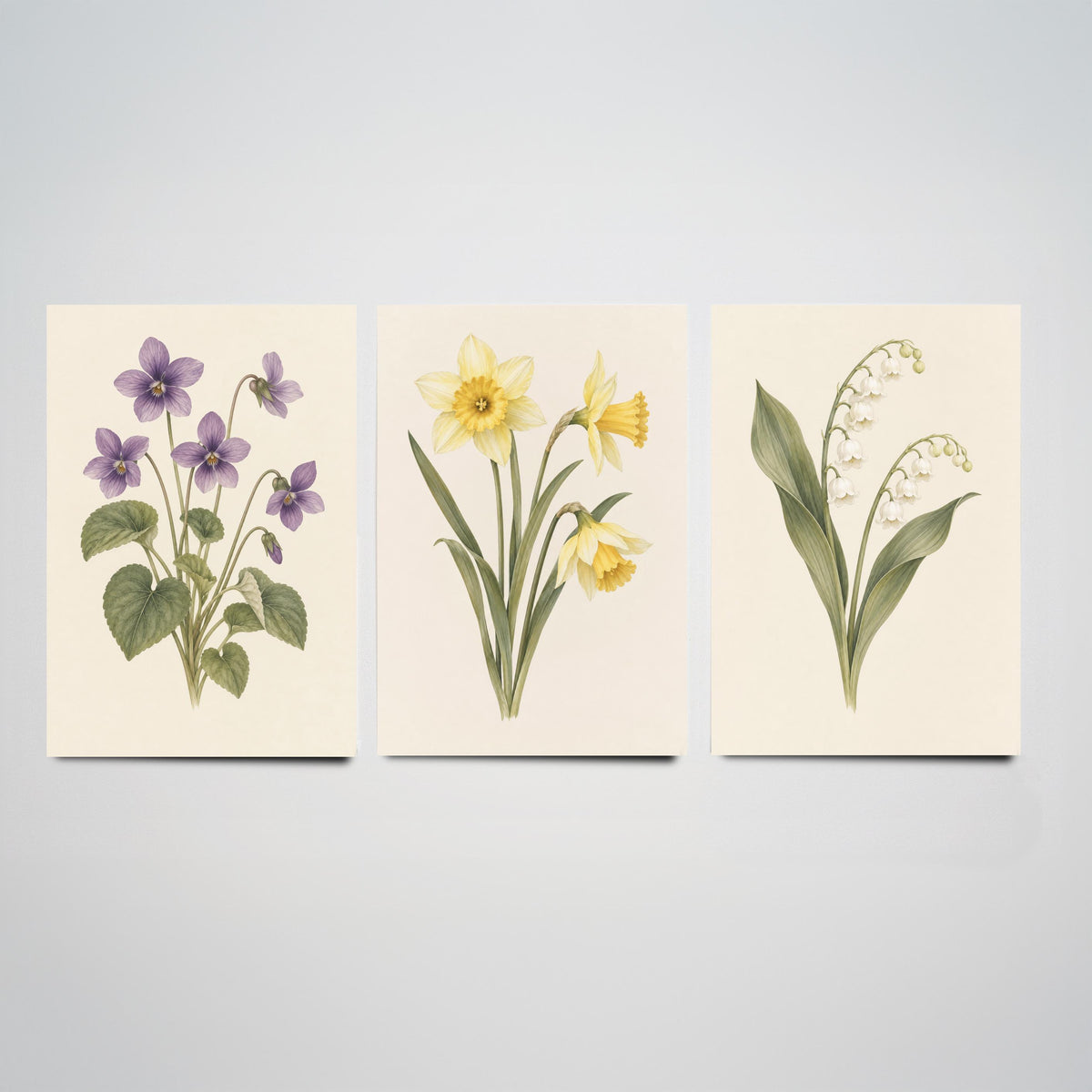 February, March and May Birth Flower Set of Three Art Prints - Violet, Daffodil, Lily of the Valley - Soft Watercolour Illustration Posters