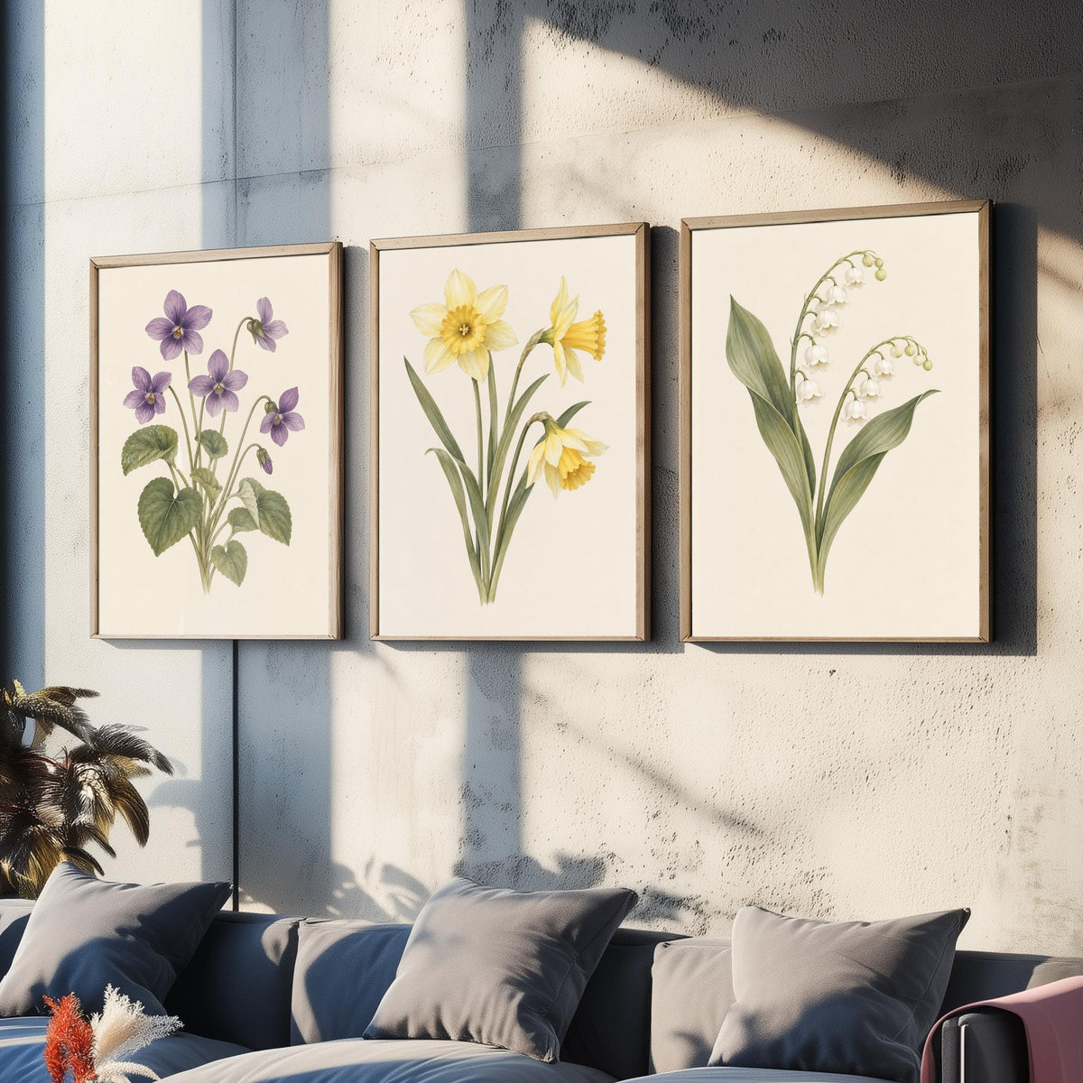 February, March and May Birth Flower Set of Three Art Prints - Violet, Daffodil, Lily of the Valley - Soft Watercolour Illustration Posters