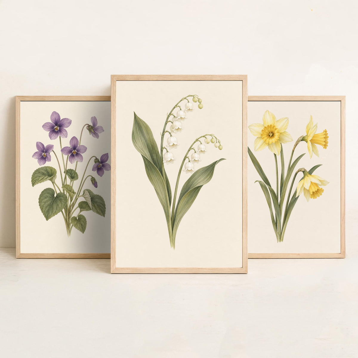 February, March and May Birth Flower Set of Three Art Prints - Violet, Daffodil, Lily of the Valley - Soft Watercolour Illustration Posters