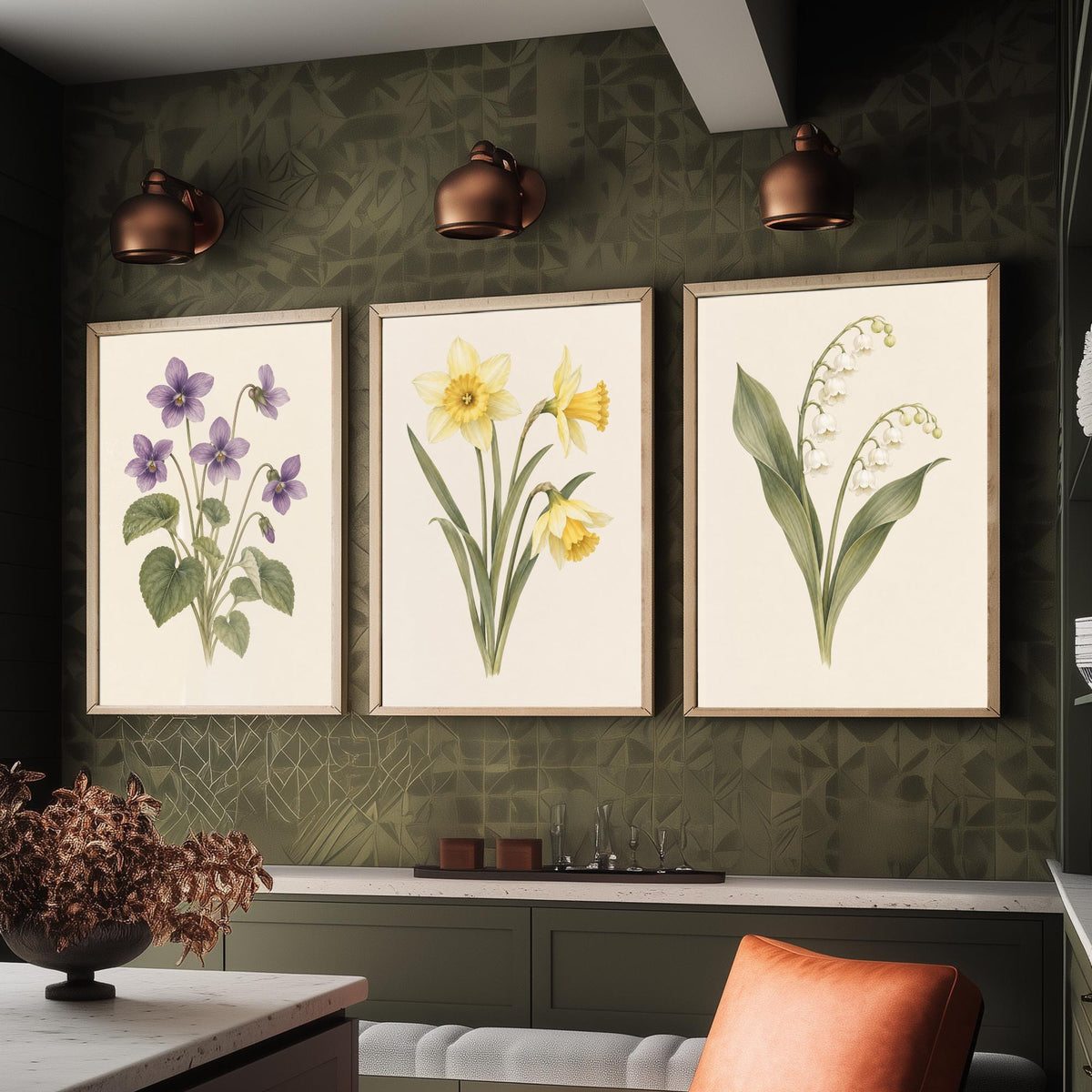 February, March and May Birth Flower Set of Three Art Prints - Violet, Daffodil, Lily of the Valley - Soft Watercolour Illustration Posters