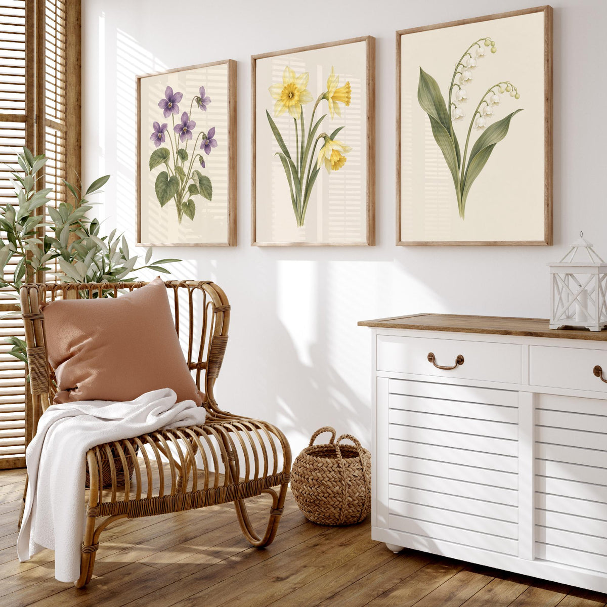February, March and May Birth Flower Set of Three Art Prints - Violet, Daffodil, Lily of the Valley - Soft Watercolour Illustration Posters