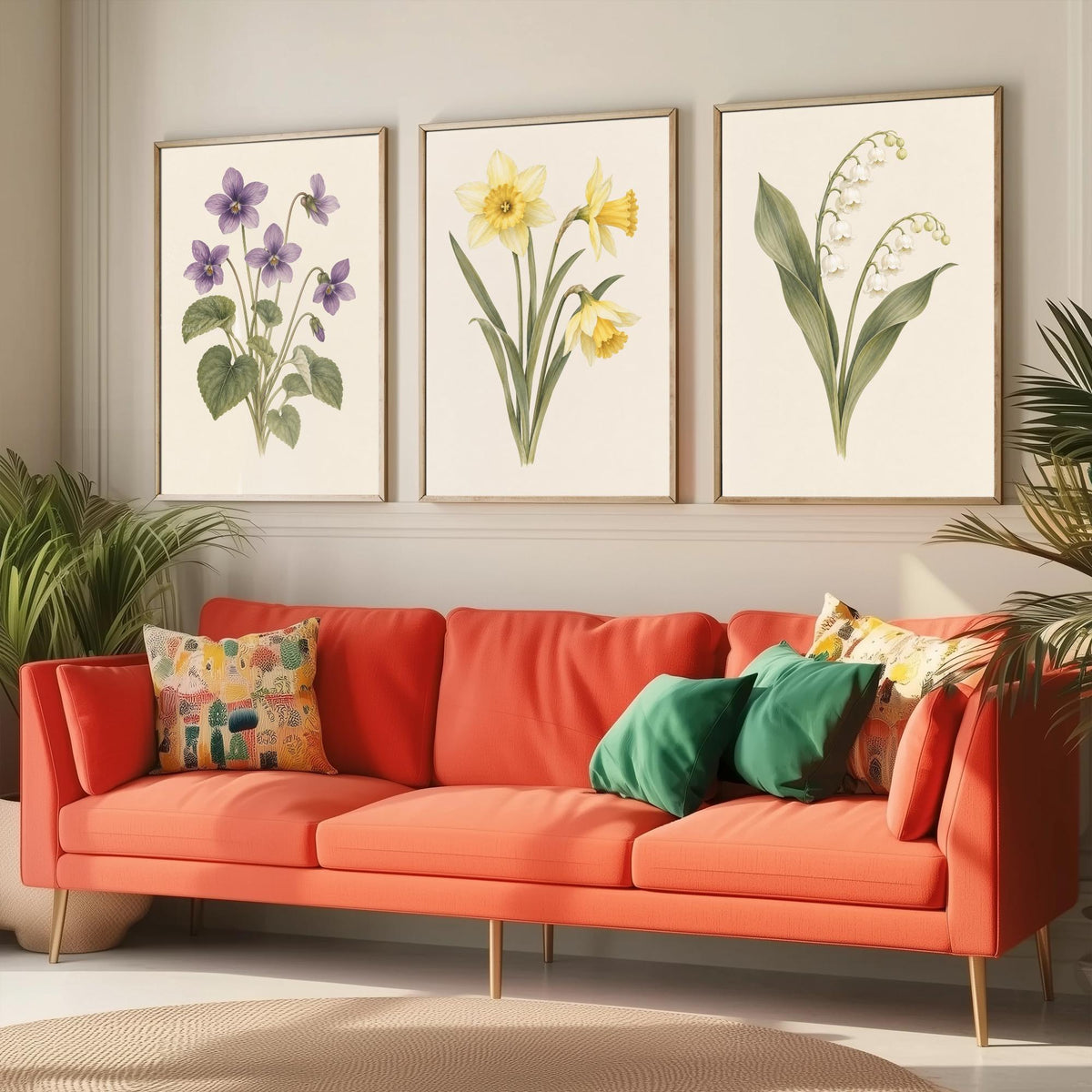 February, March and May Birth Flower Set of Three Art Prints - Violet, Daffodil, Lily of the Valley - Soft Watercolour Illustration Posters