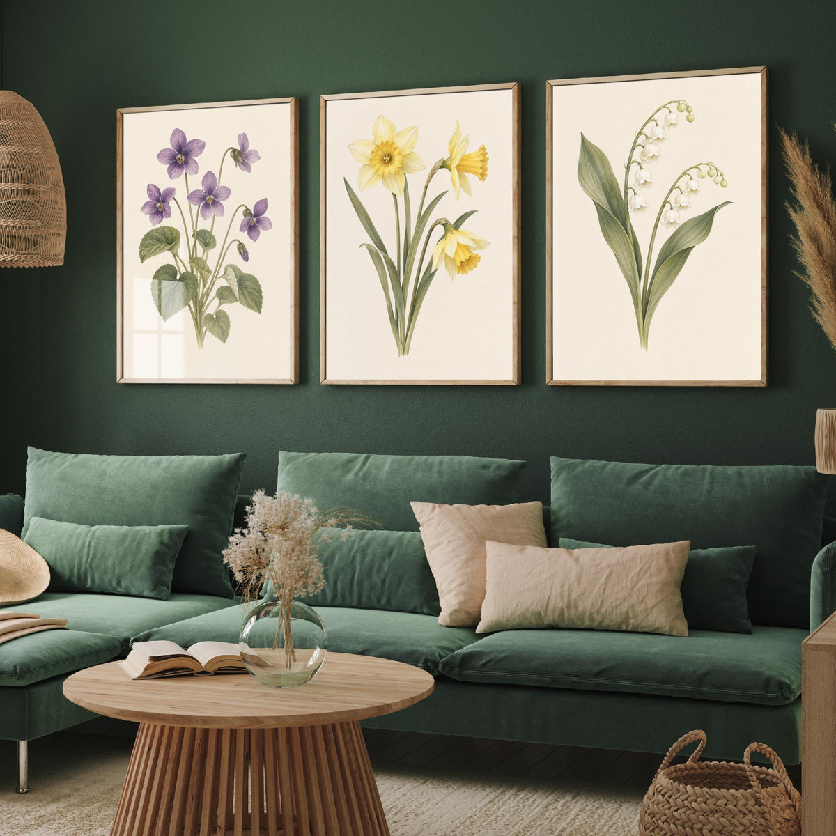 February, March and May Birth Flower Set of Three Art Prints - Violet, Daffodil, Lily of the Valley - Soft Watercolour Illustration Posters
