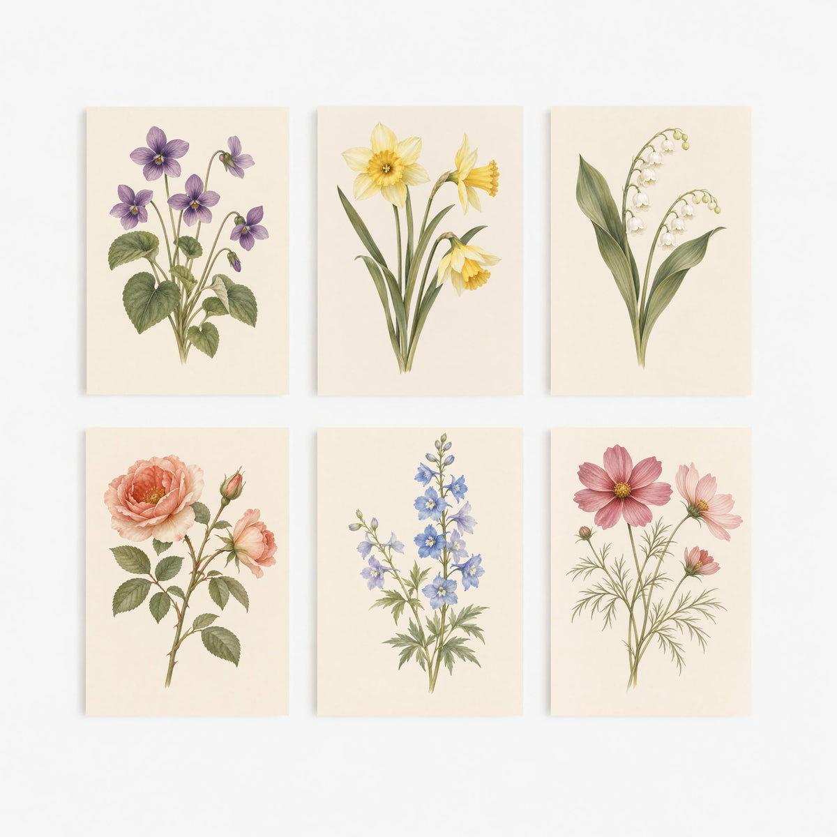 February to October Birth Flower Set of Six Art Prints - 6 Soft Watercolour Botanical Illustration Posters - Violet to Cosmos