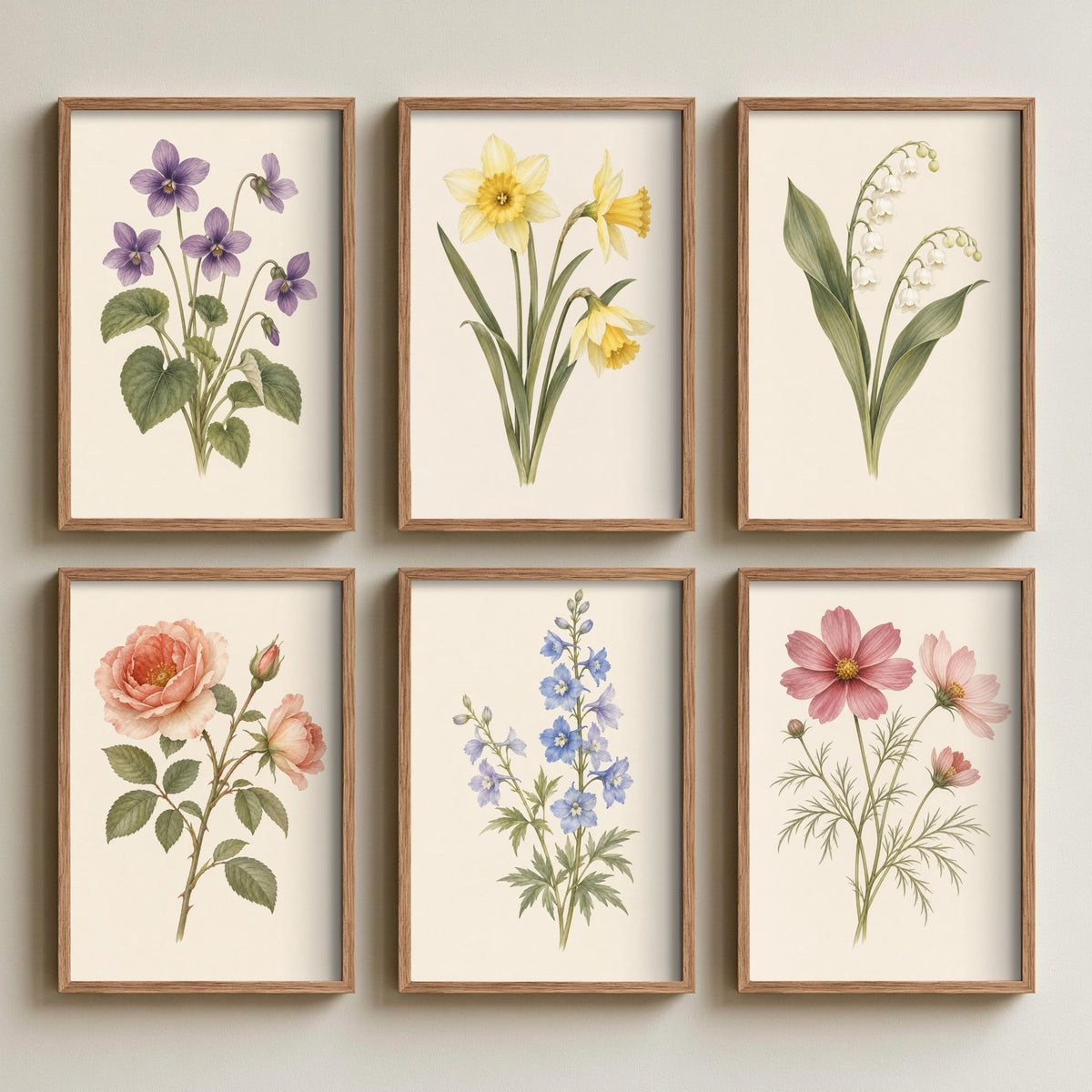 February to October Birth Flower Set of Six Art Prints - 6 Soft Watercolour Botanical Illustration Posters - Violet to Cosmos