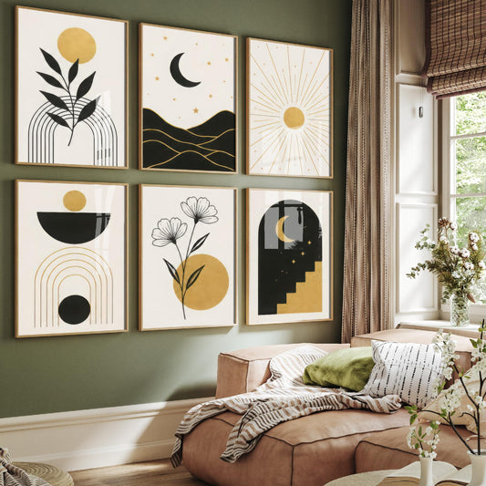 Set of Six Black and Gold Celestial Art Prints - Moon, Sun, Stars, Botanical and Arch - Boho Minimalist Poster Illustration