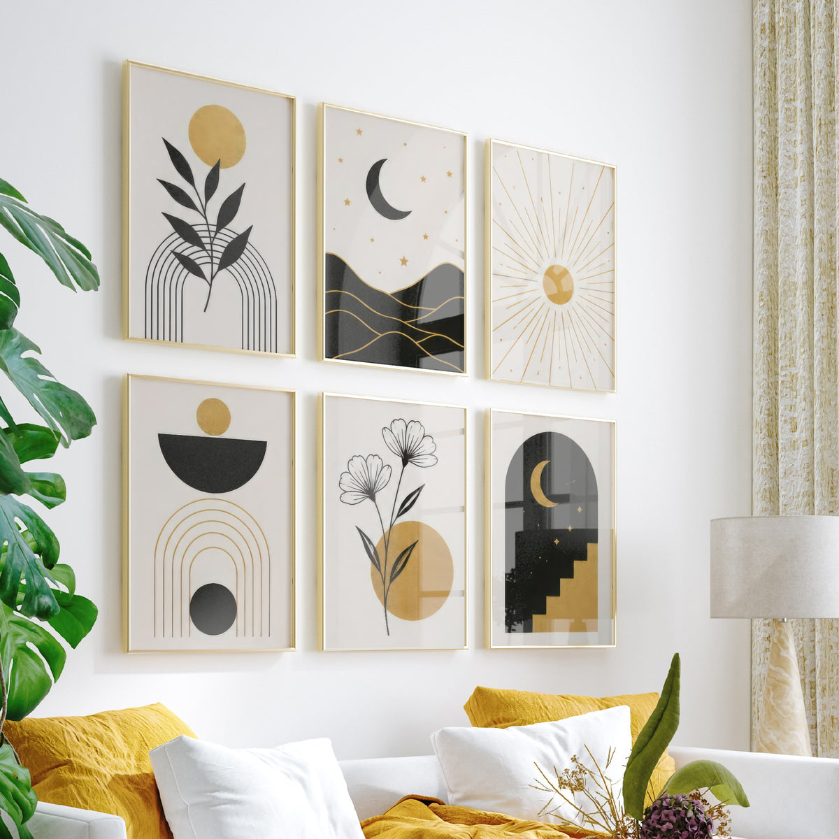 Set of Six Black and Gold Celestial Art Prints - Moon, Sun, Stars, Botanical and Arch - Boho Minimalist Poster Illustration
