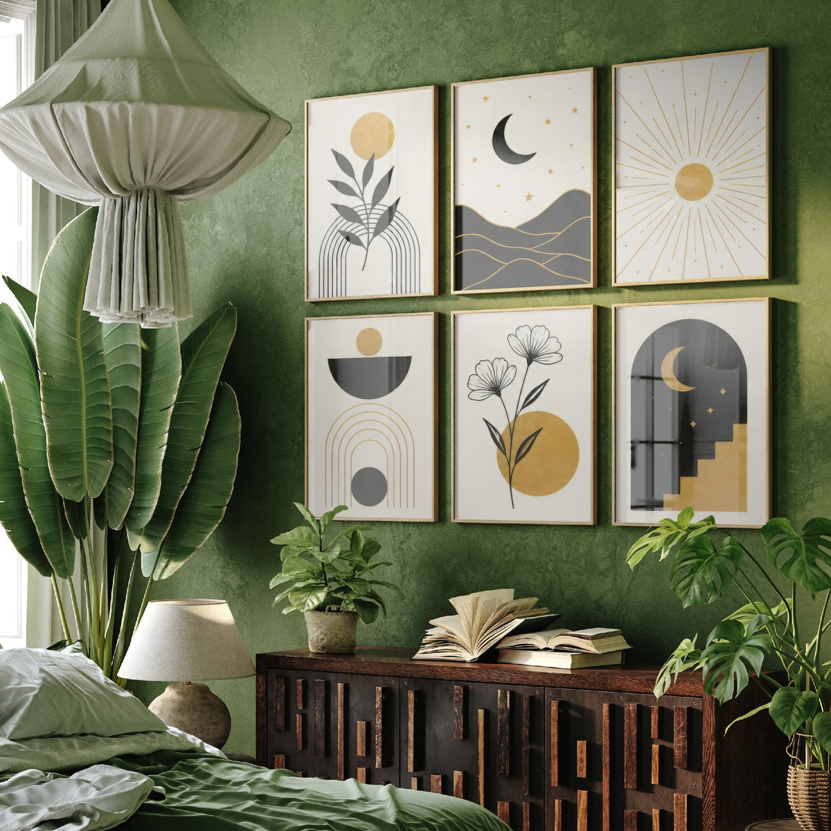 Set of Six Black and Gold Celestial Art Prints - Moon, Sun, Stars, Botanical and Arch - Boho Minimalist Poster Illustration