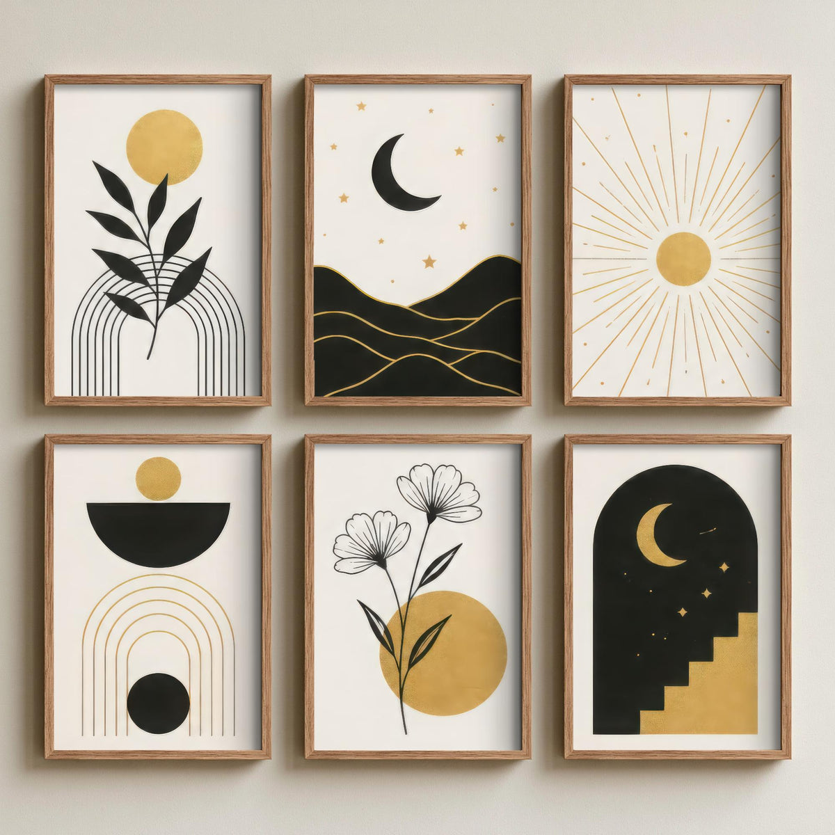 Set of Six Black and Gold Celestial Art Prints - Moon, Sun, Stars, Botanical and Arch - Boho Minimalist Poster Illustration