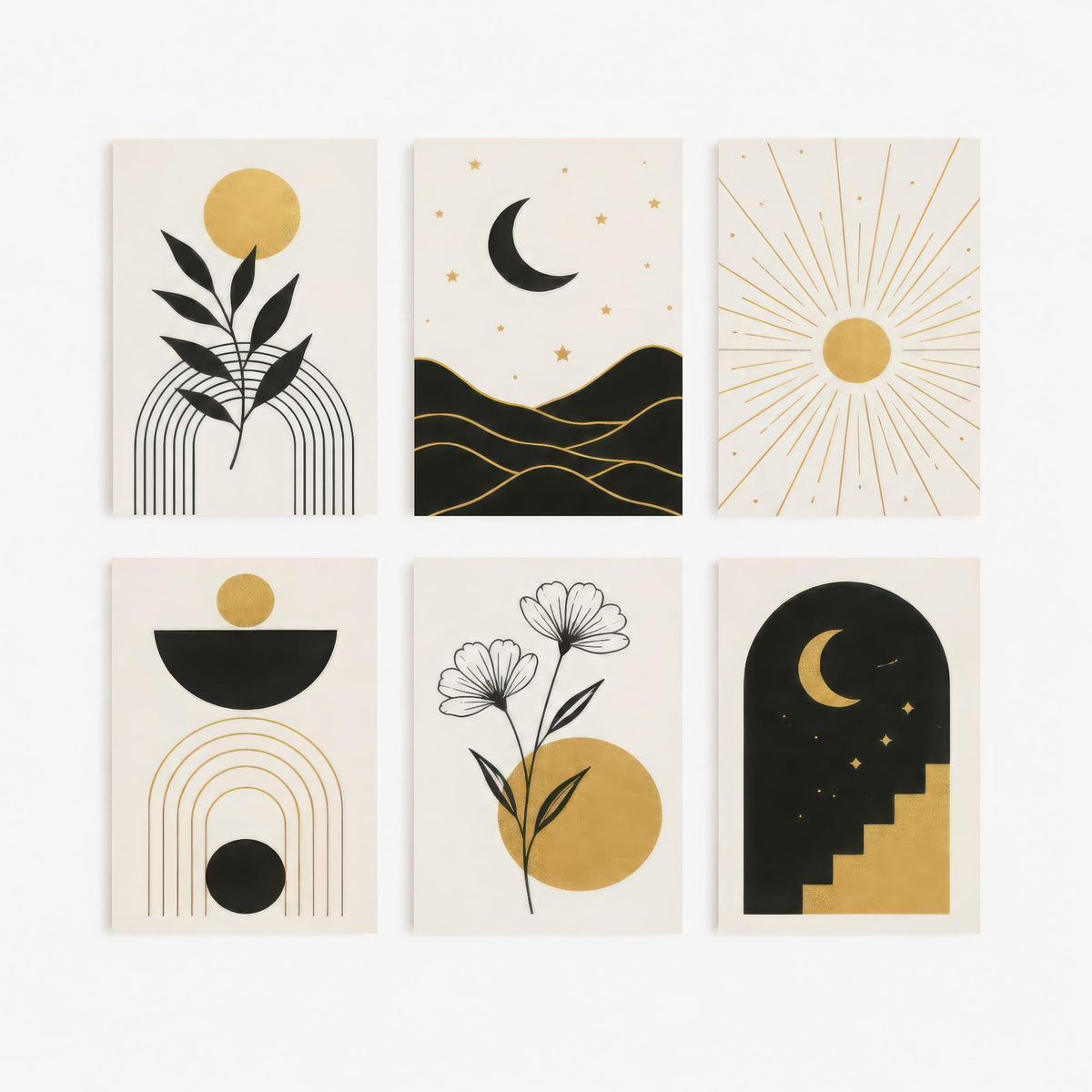 Set of Six Black and Gold Celestial Art Prints - Moon, Sun, Stars, Botanical and Arch - Boho Minimalist Poster Illustration