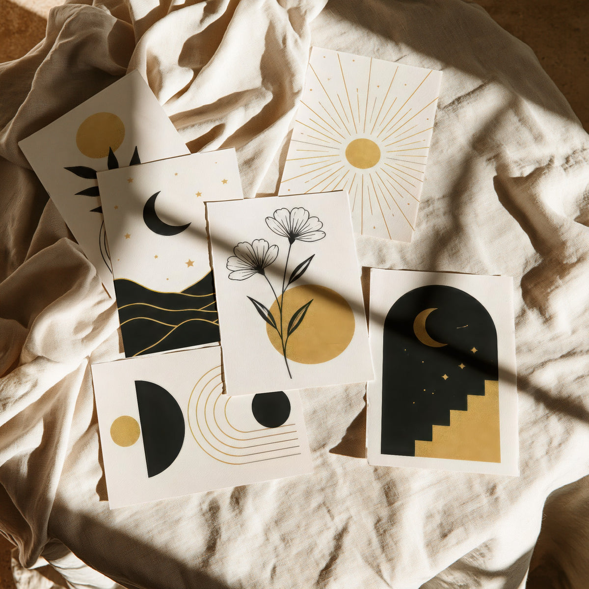 Set of Six Black and Gold Celestial Art Prints - Moon, Sun, Stars, Botanical and Arch - Boho Minimalist Poster Illustration