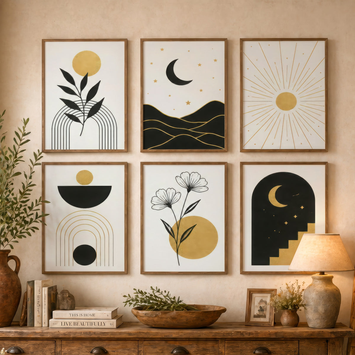 Set of Six Black and Gold Celestial Art Prints - Moon, Sun, Stars, Botanical and Arch - Boho Minimalist Poster Illustration