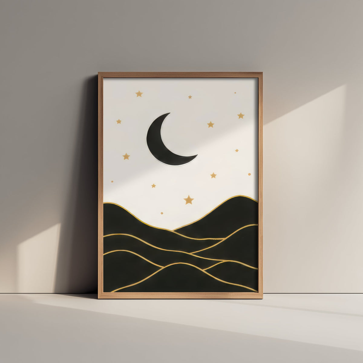 Crescent Moon and Mountains Art Print - Black and Gold Celestial Poster - Boho Minimalist Illustration