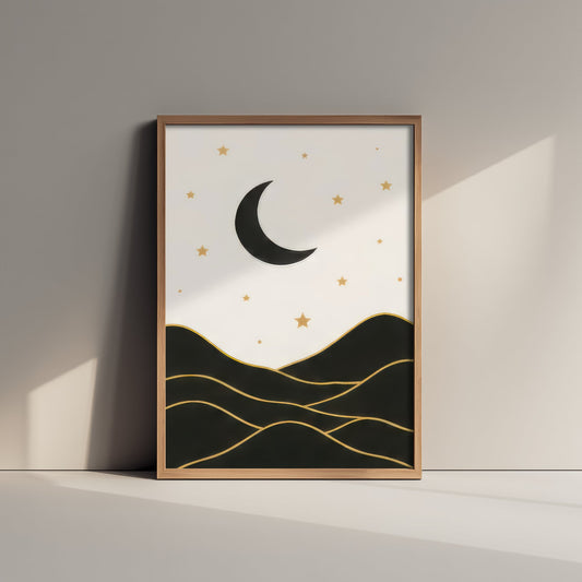 Crescent Moon and Mountains Art Print - Black and Gold Celestial Poster - Boho Minimalist Illustration