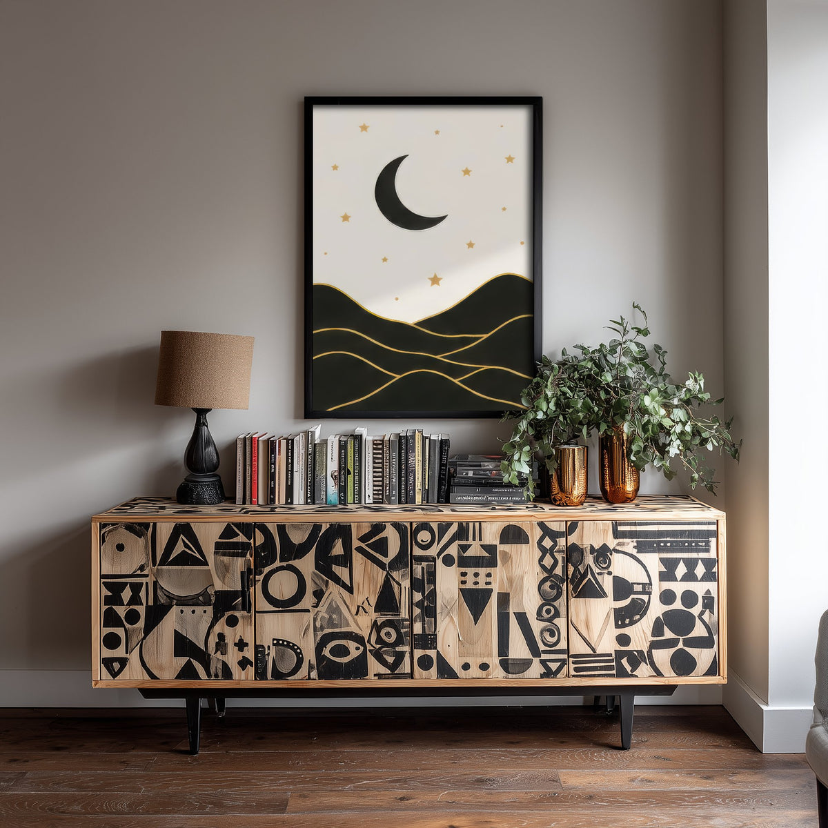 Crescent Moon and Mountains Art Print - Black and Gold Celestial Poster - Boho Minimalist Illustration
