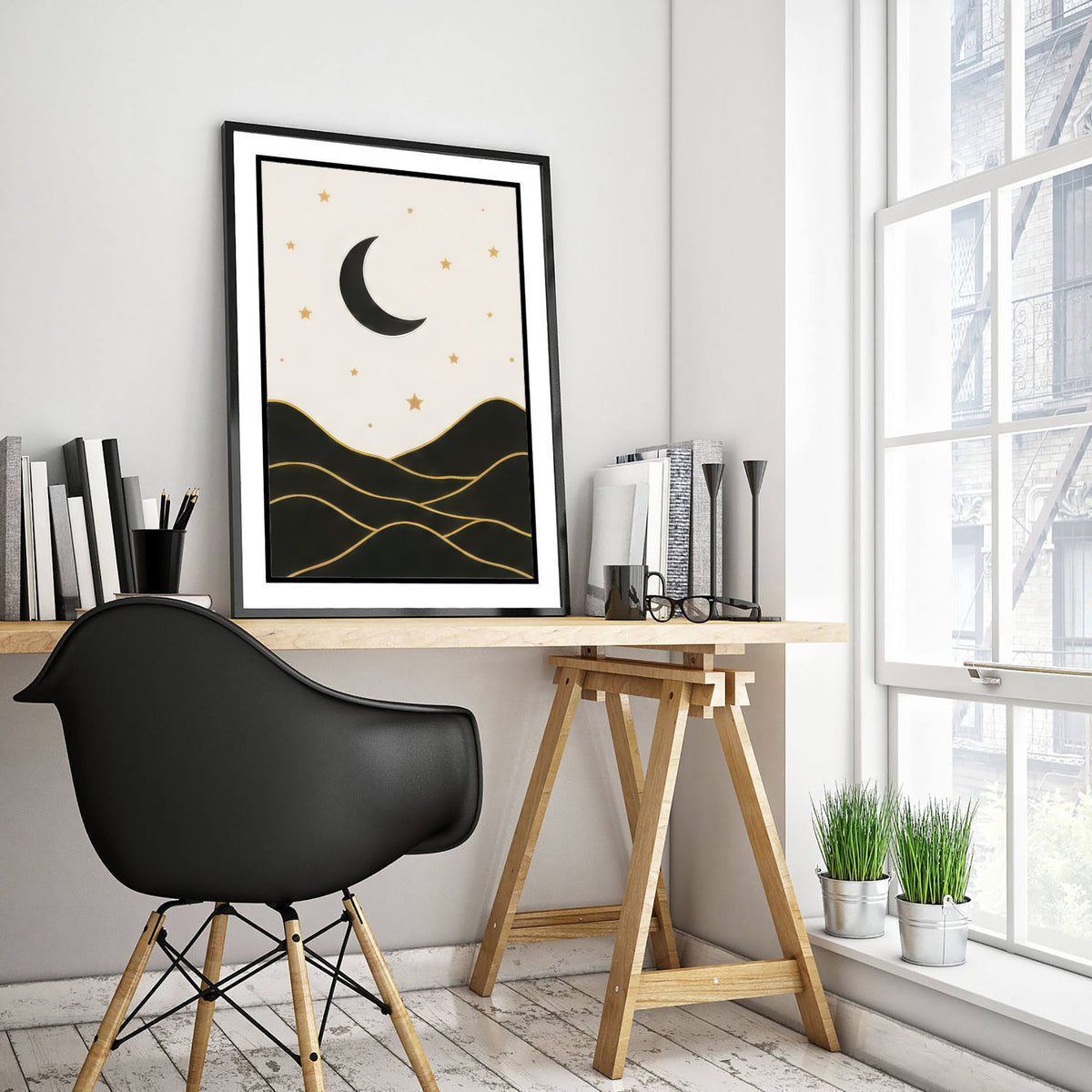 Crescent Moon and Mountains Art Print - Black and Gold Celestial Poster - Boho Minimalist Illustration