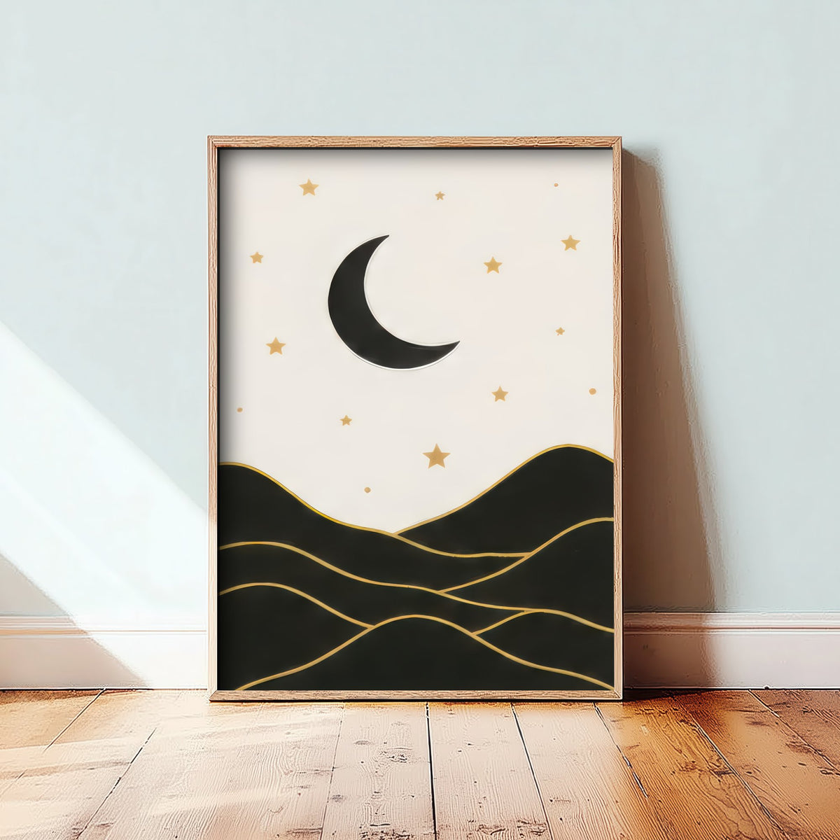Crescent Moon and Mountains Art Print - Black and Gold Celestial Poster - Boho Minimalist Illustration