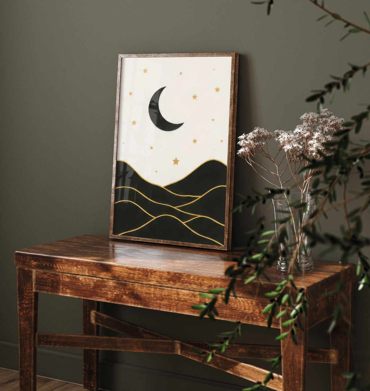 Crescent Moon and Mountains Art Print - Black and Gold Celestial Poster - Boho Minimalist Illustration