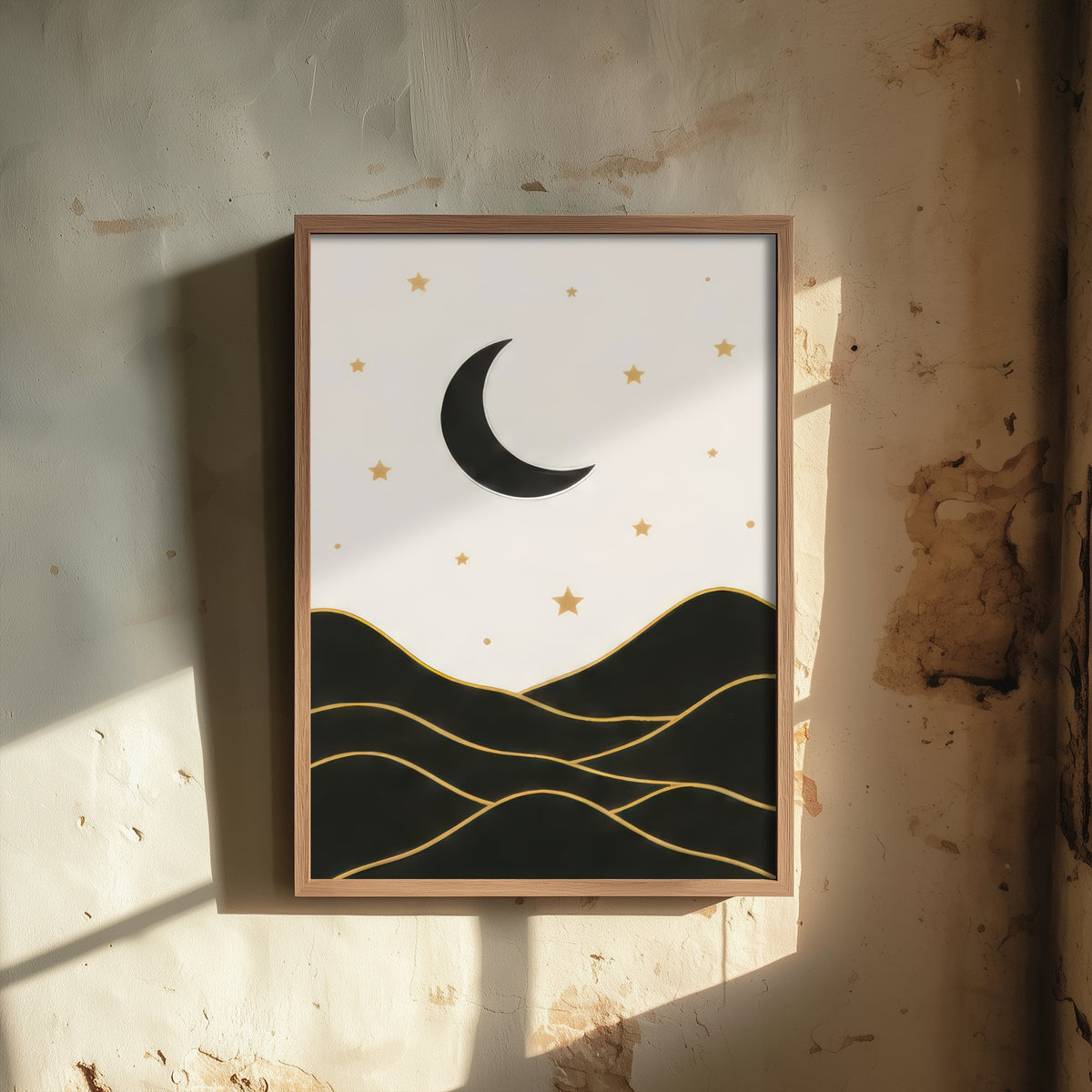 Crescent Moon and Mountains Art Print - Black and Gold Celestial Poster - Boho Minimalist Illustration