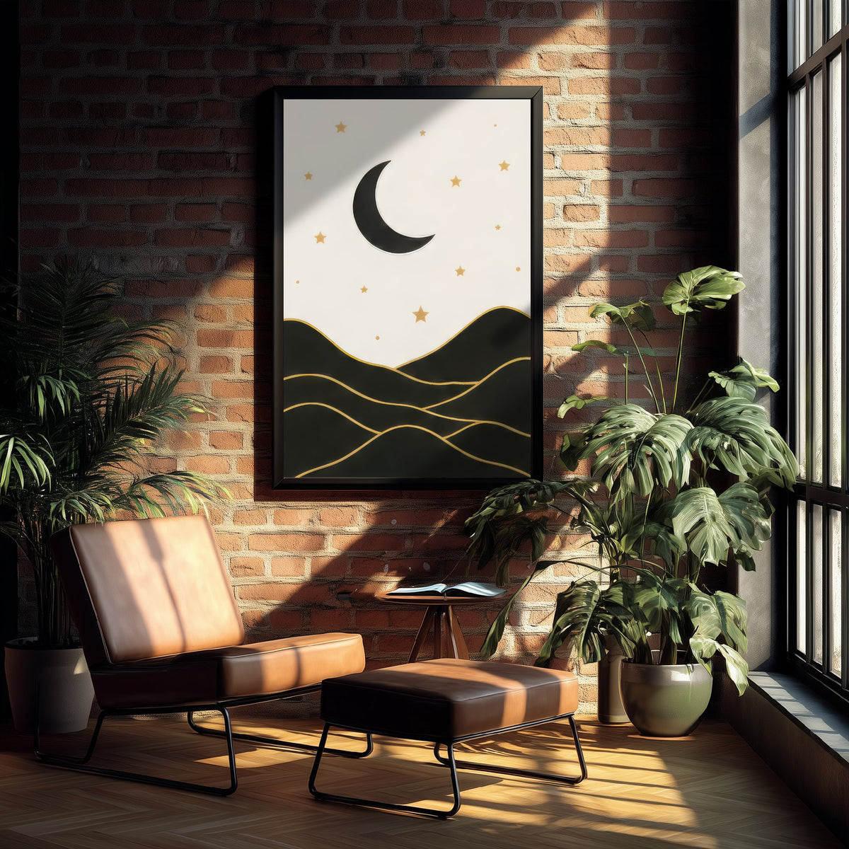 Crescent Moon and Mountains Art Print - Black and Gold Celestial Poster - Boho Minimalist Illustration