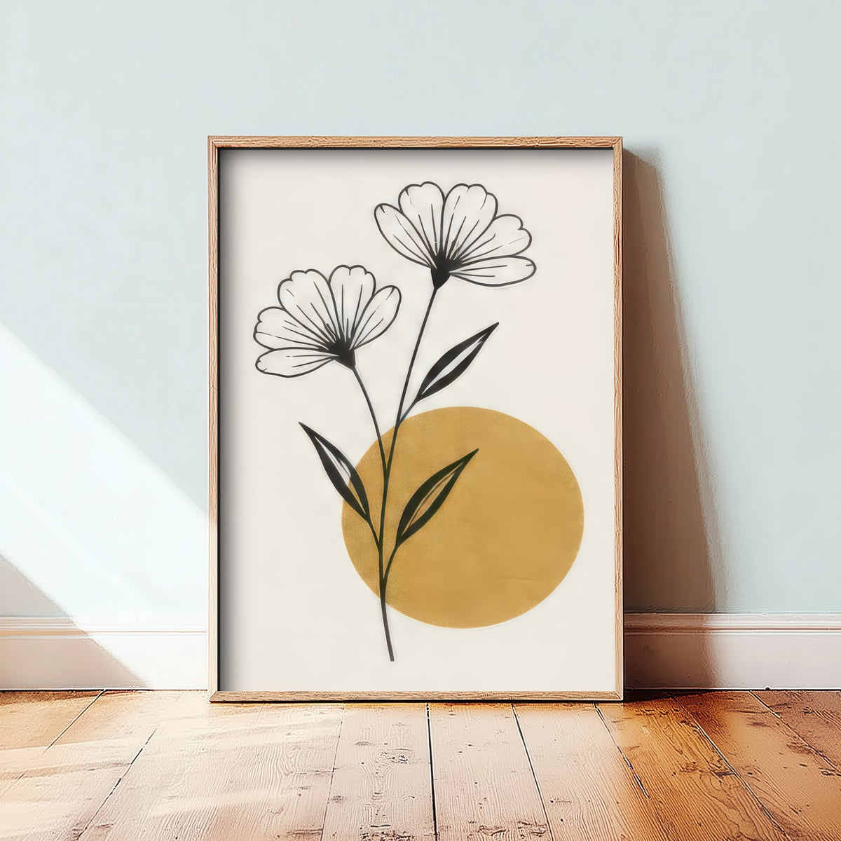 Line Art Flowers and Gold Sun Art Print - Black and Gold Celestial Poster - Boho Minimalist Illustration