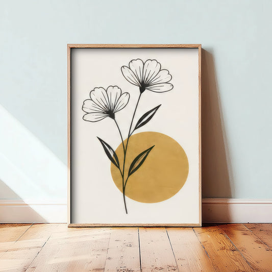 Line Art Flowers and Gold Sun Art Print - Black and Gold Celestial Poster - Boho Minimalist Illustration