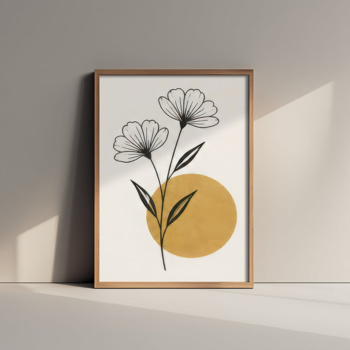 Line Art Flowers and Gold Sun Art Print - Black and Gold Celestial Poster - Boho Minimalist Illustration