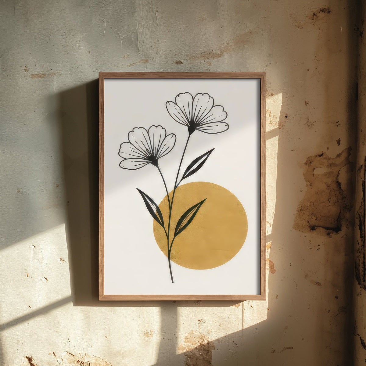 Line Art Flowers and Gold Sun Art Print - Black and Gold Celestial Poster - Boho Minimalist Illustration