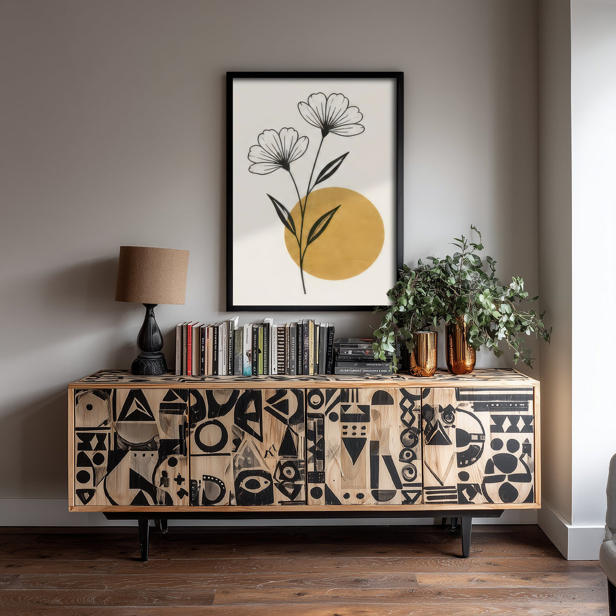 Line Art Flowers and Gold Sun Art Print - Black and Gold Celestial Poster - Boho Minimalist Illustration