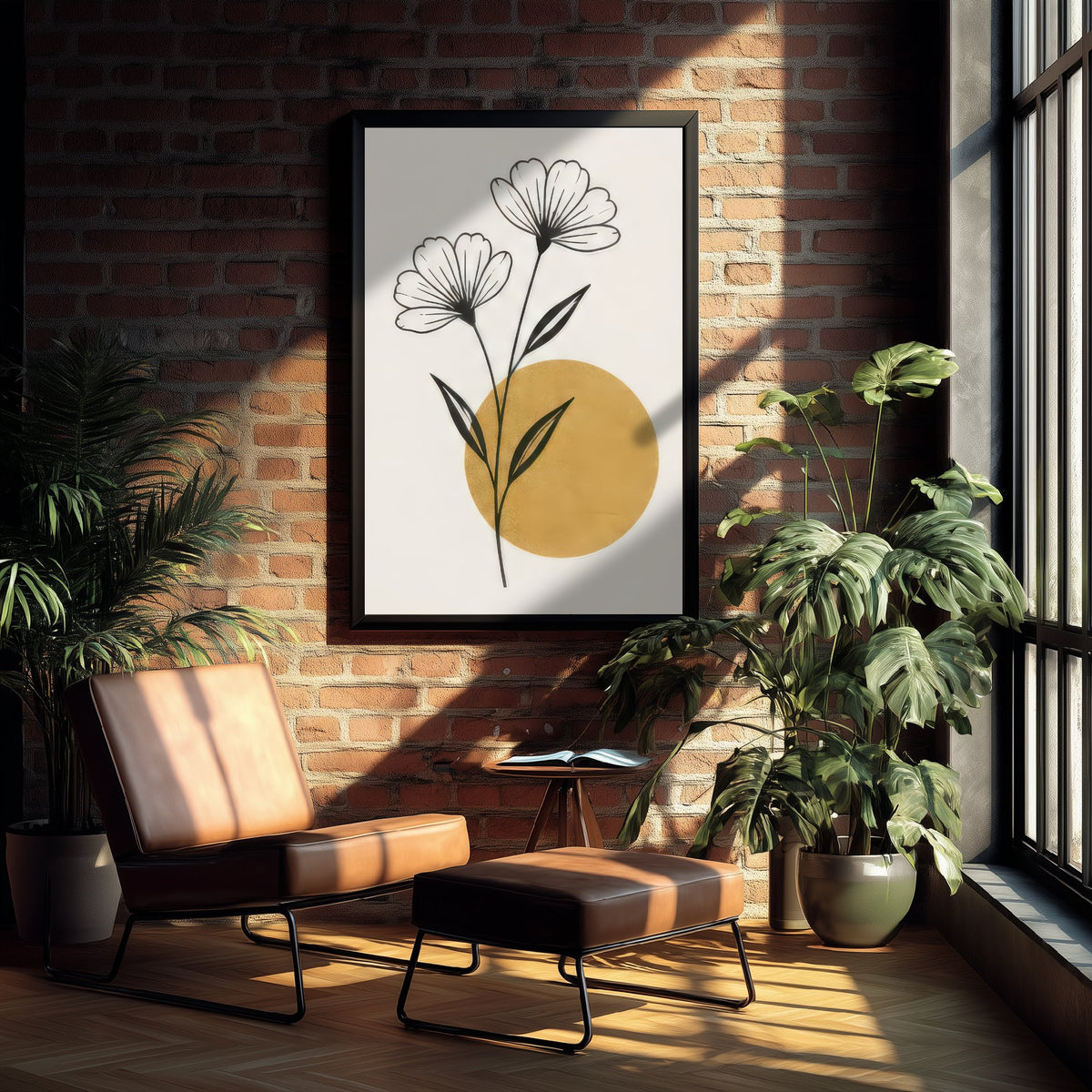 Line Art Flowers and Gold Sun Art Print - Black and Gold Celestial Poster - Boho Minimalist Illustration