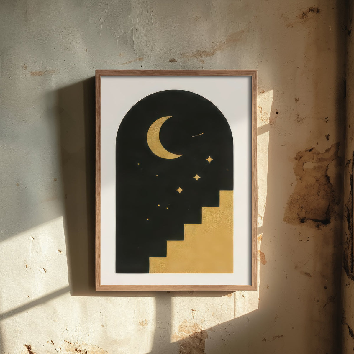 Moon Arch and Stairway Art Print - Black and Gold Celestial Poster - Boho Minimalist Illustration