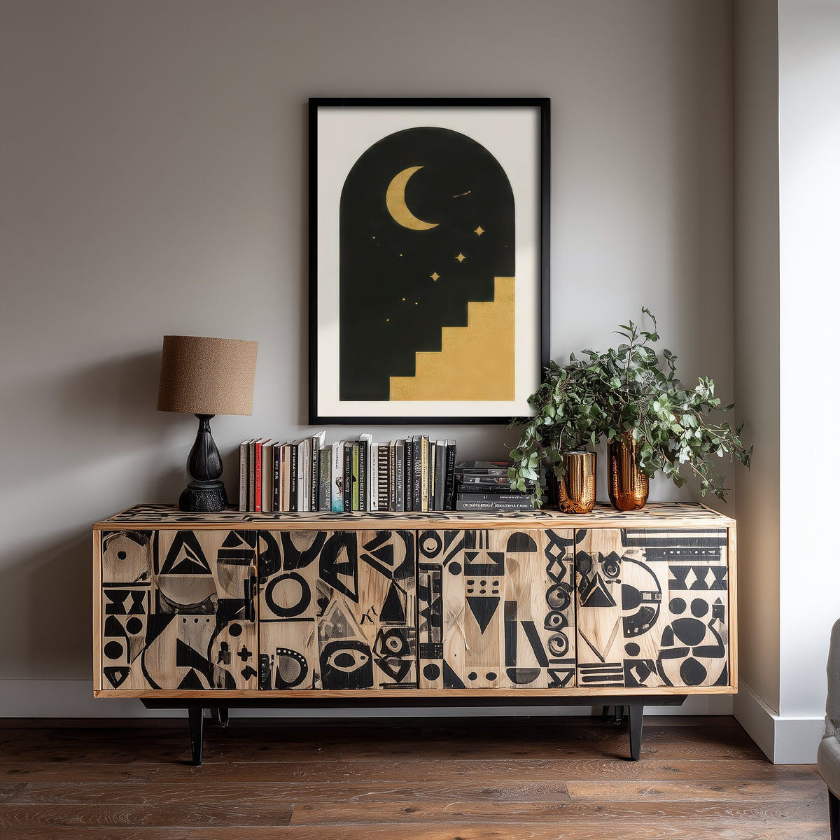 Moon Arch and Stairway Art Print - Black and Gold Celestial Poster - Boho Minimalist Illustration