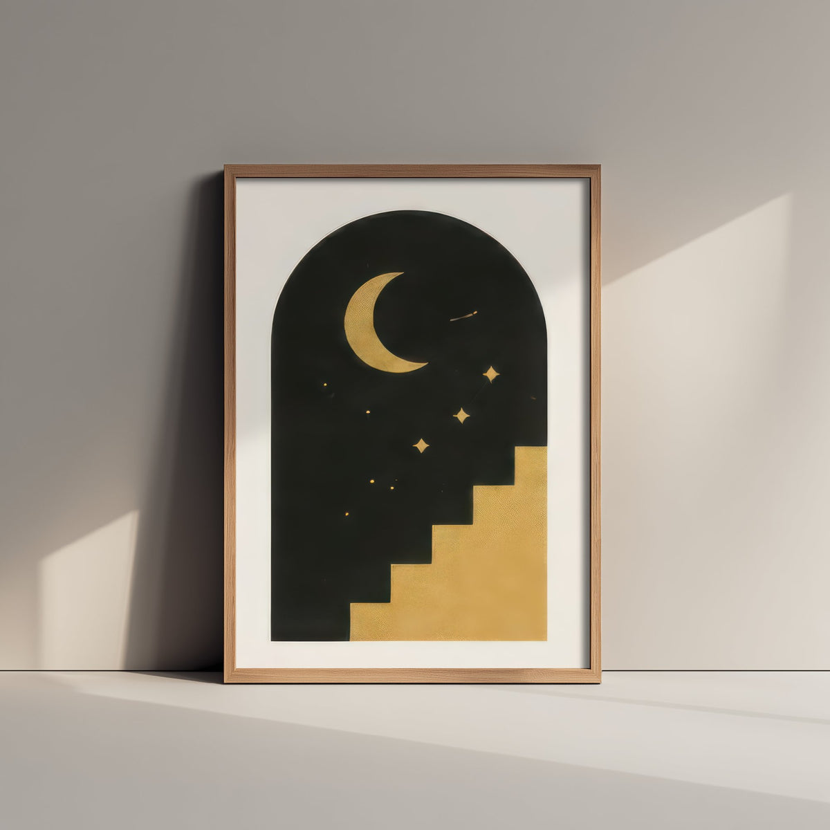Moon Arch and Stairway Art Print - Black and Gold Celestial Poster - Boho Minimalist Illustration
