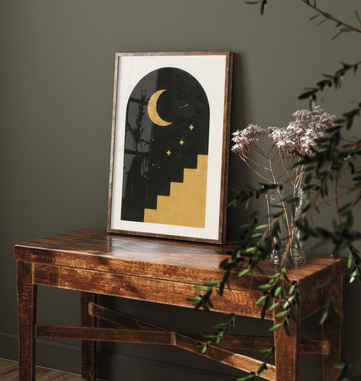 Moon Arch and Stairway Art Print - Black and Gold Celestial Poster - Boho Minimalist Illustration