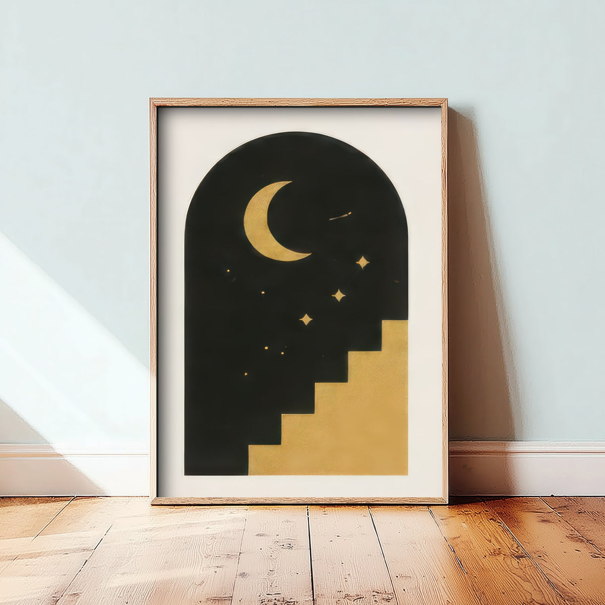 Moon Arch and Stairway Art Print - Black and Gold Celestial Poster - Boho Minimalist Illustration