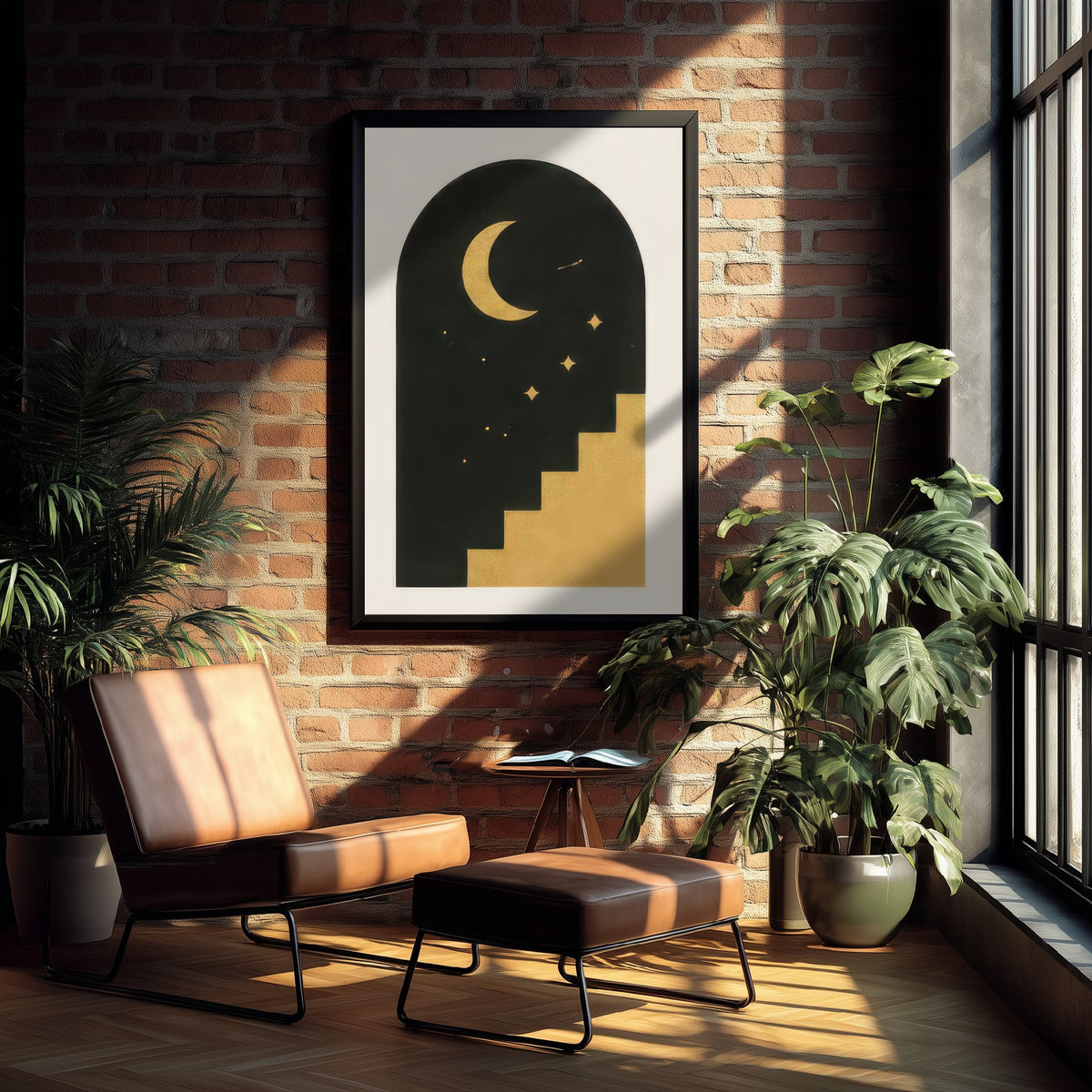 Moon Arch and Stairway Art Print - Black and Gold Celestial Poster - Boho Minimalist Illustration