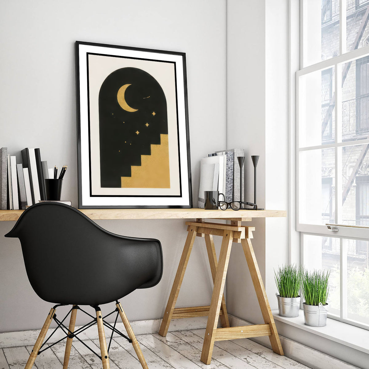 Moon Arch and Stairway Art Print - Black and Gold Celestial Poster - Boho Minimalist Illustration