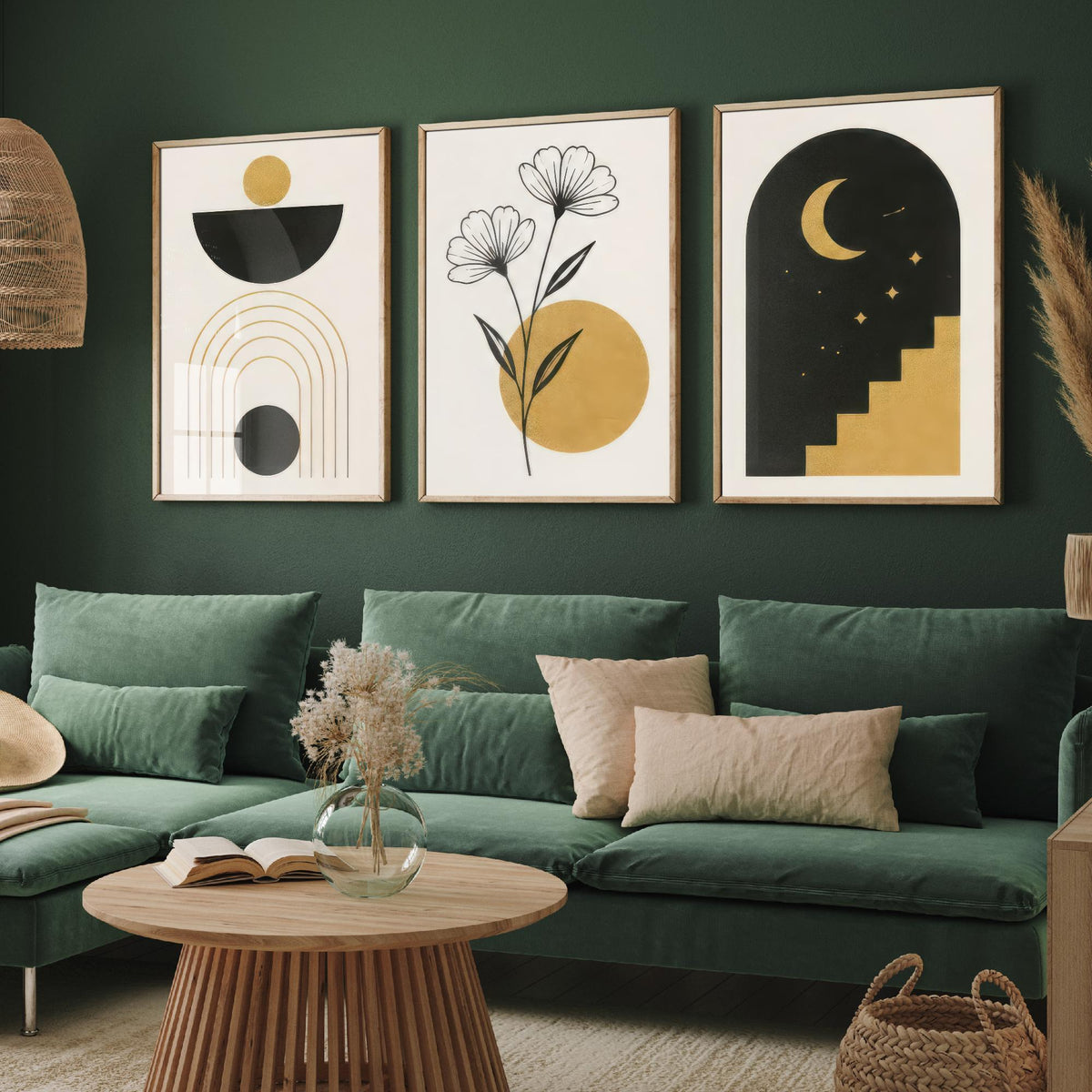 Black and Gold Celestial Set of Three Art Prints - Sun Bowl and Arches, Line Art Flowers, Moon Stairway Arch - Boho Illustration Poster V2