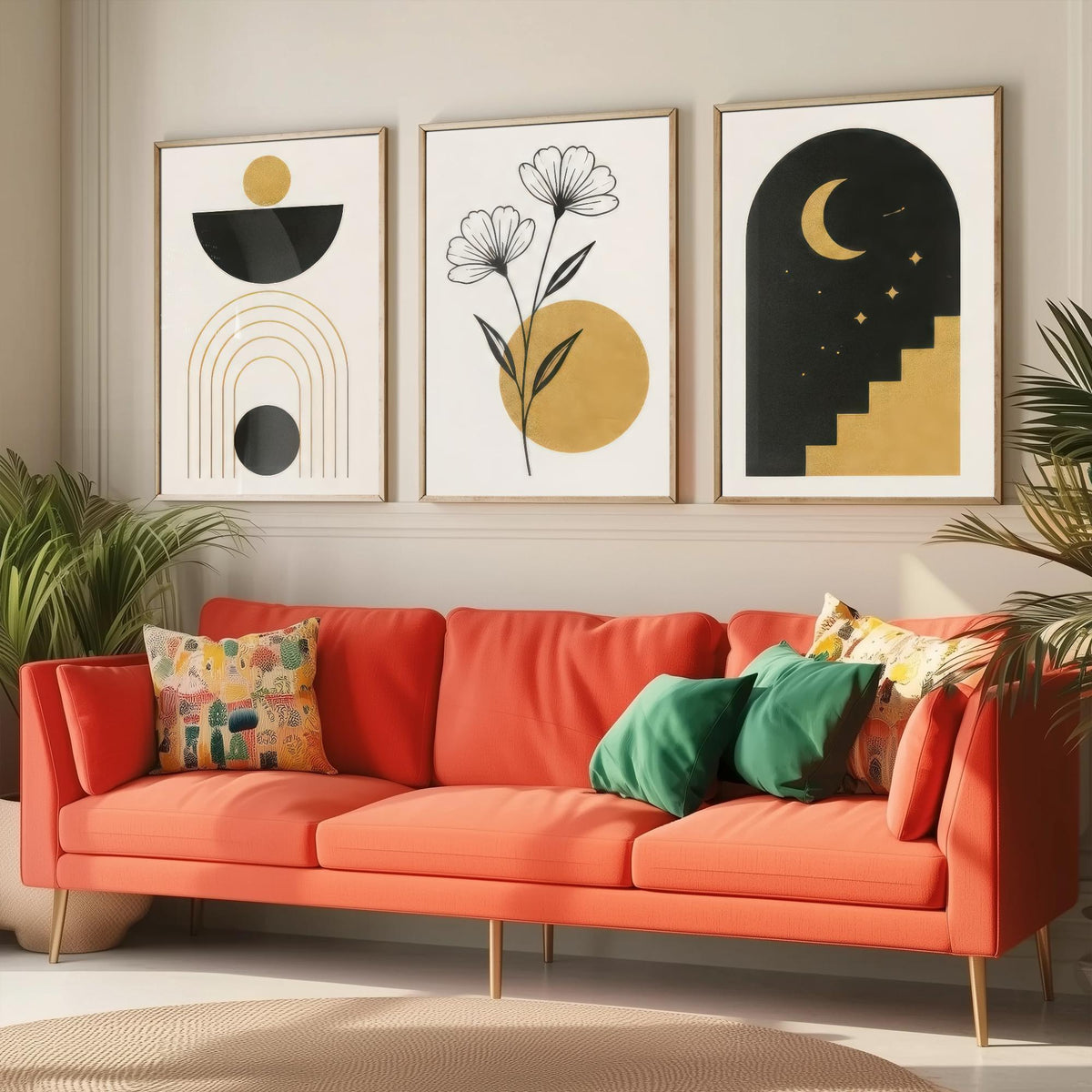 Black and Gold Celestial Set of Three Art Prints - Sun Bowl and Arches, Line Art Flowers, Moon Stairway Arch - Boho Illustration Poster V2