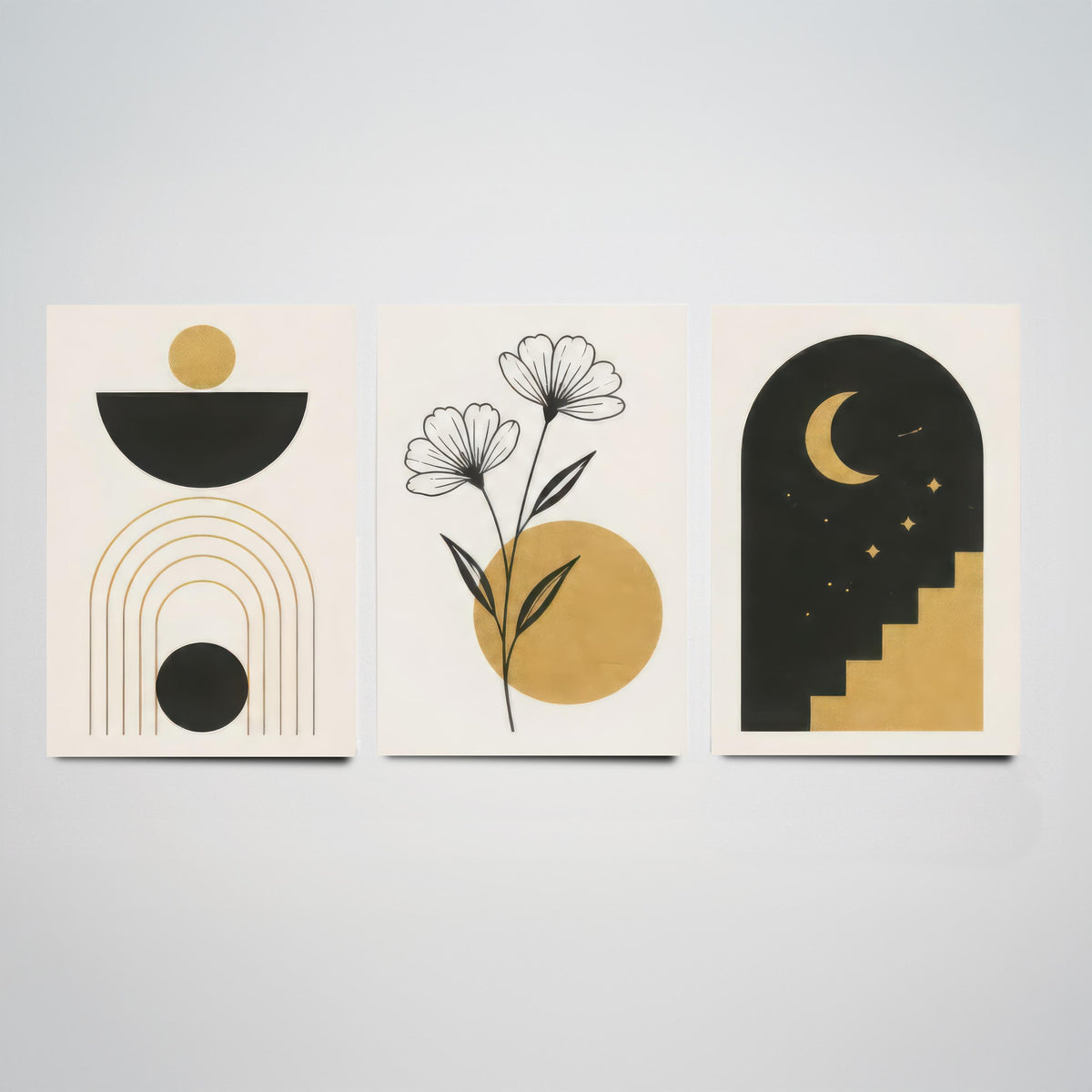 Black and Gold Celestial Set of Three Art Prints - Sun Bowl and Arches, Line Art Flowers, Moon Stairway Arch - Boho Illustration Poster V2