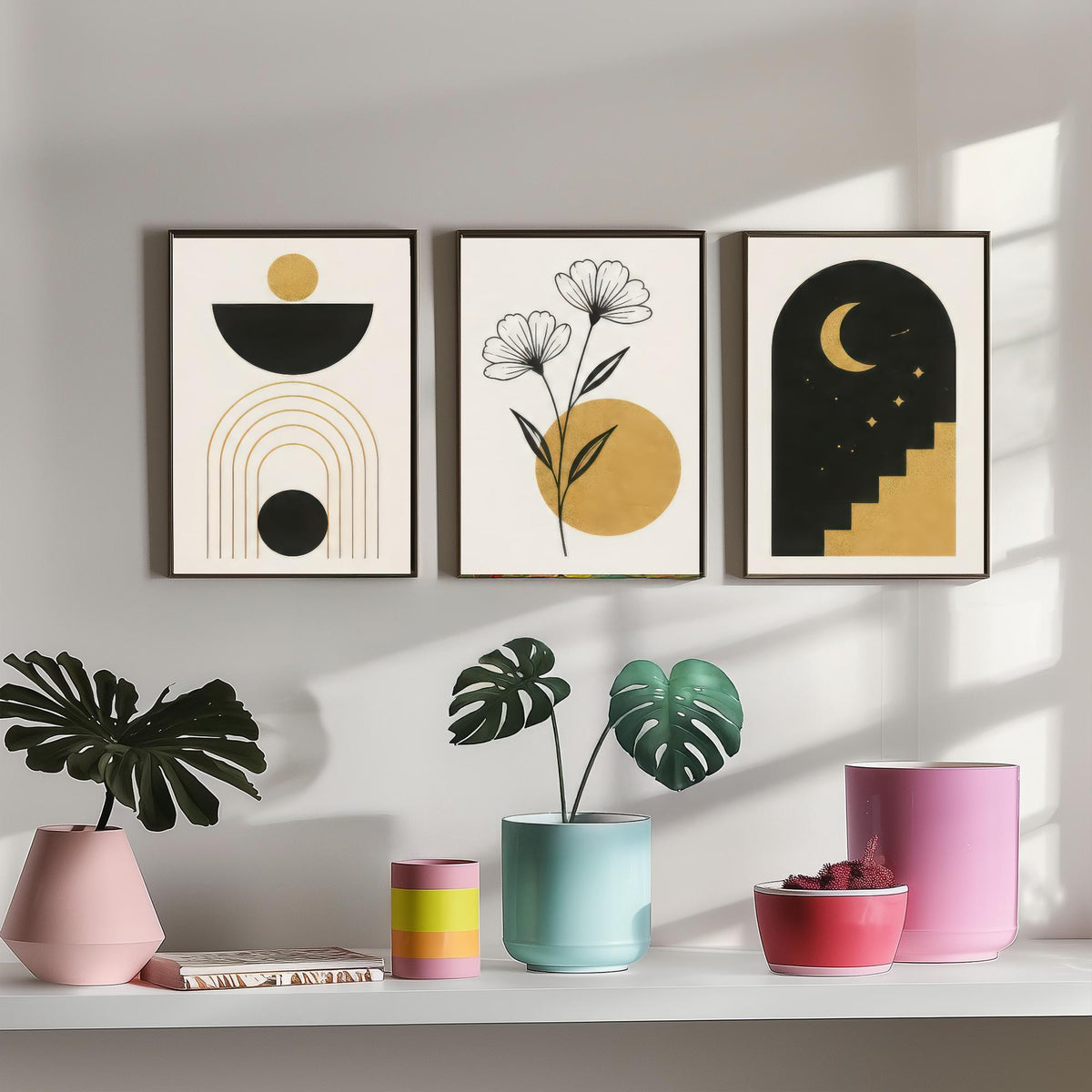 Black and Gold Celestial Set of Three Art Prints - Sun Bowl and Arches, Line Art Flowers, Moon Stairway Arch - Boho Illustration Poster V2
