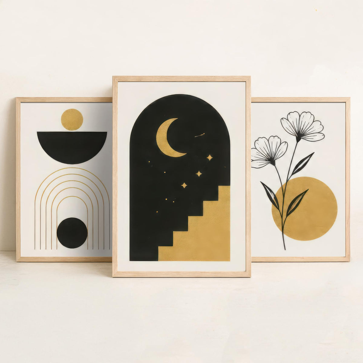 Black and Gold Celestial Set of Three Art Prints - Sun Bowl and Arches, Line Art Flowers, Moon Stairway Arch - Boho Illustration Poster V2