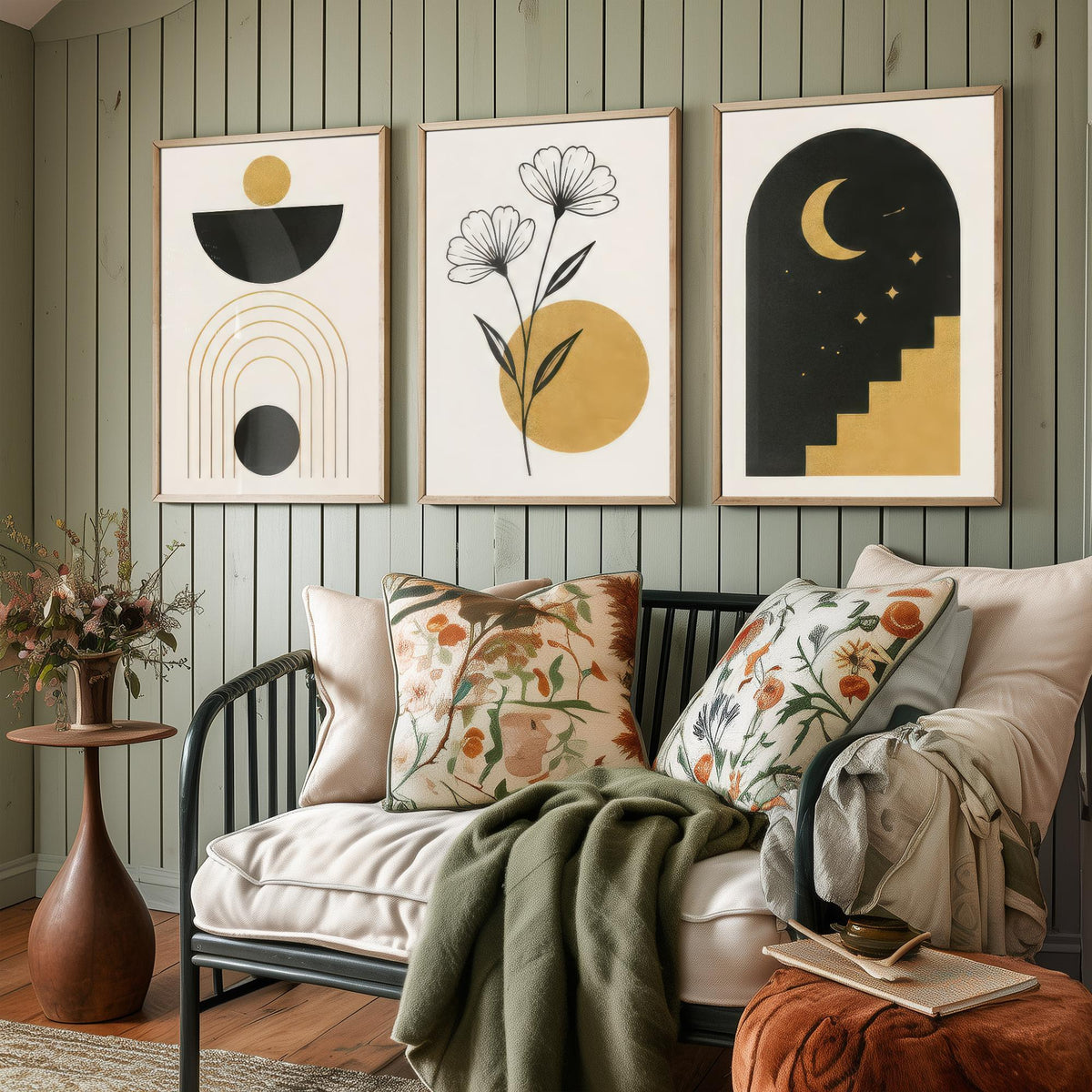 Black and Gold Celestial Set of Three Art Prints - Sun Bowl and Arches, Line Art Flowers, Moon Stairway Arch - Boho Illustration Poster V2