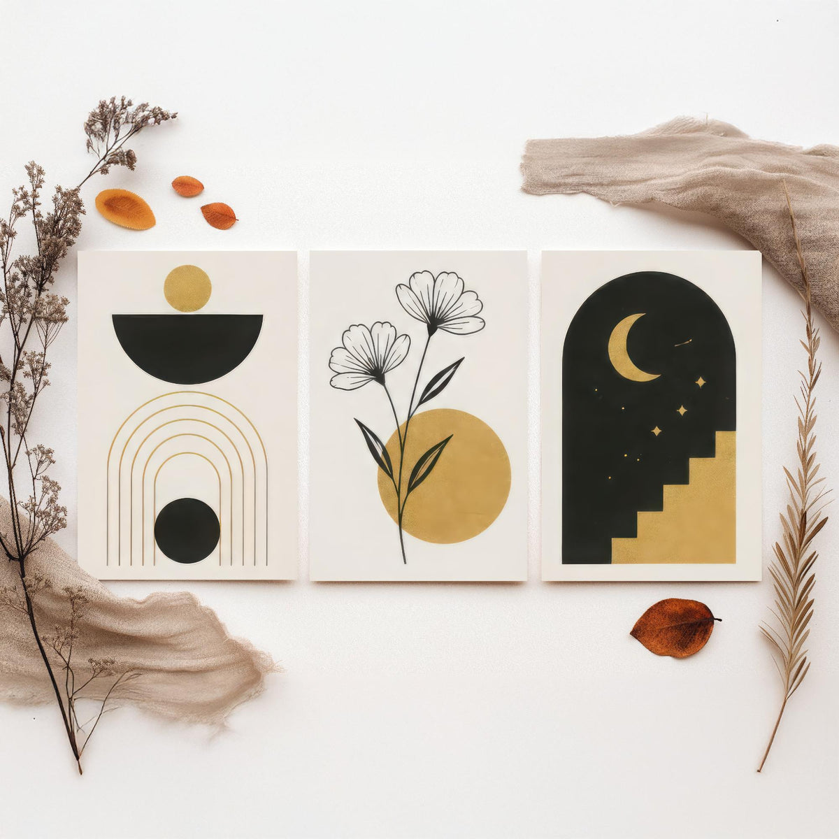 Black and Gold Celestial Set of Three Art Prints - Sun Bowl and Arches, Line Art Flowers, Moon Stairway Arch - Boho Illustration Poster V2