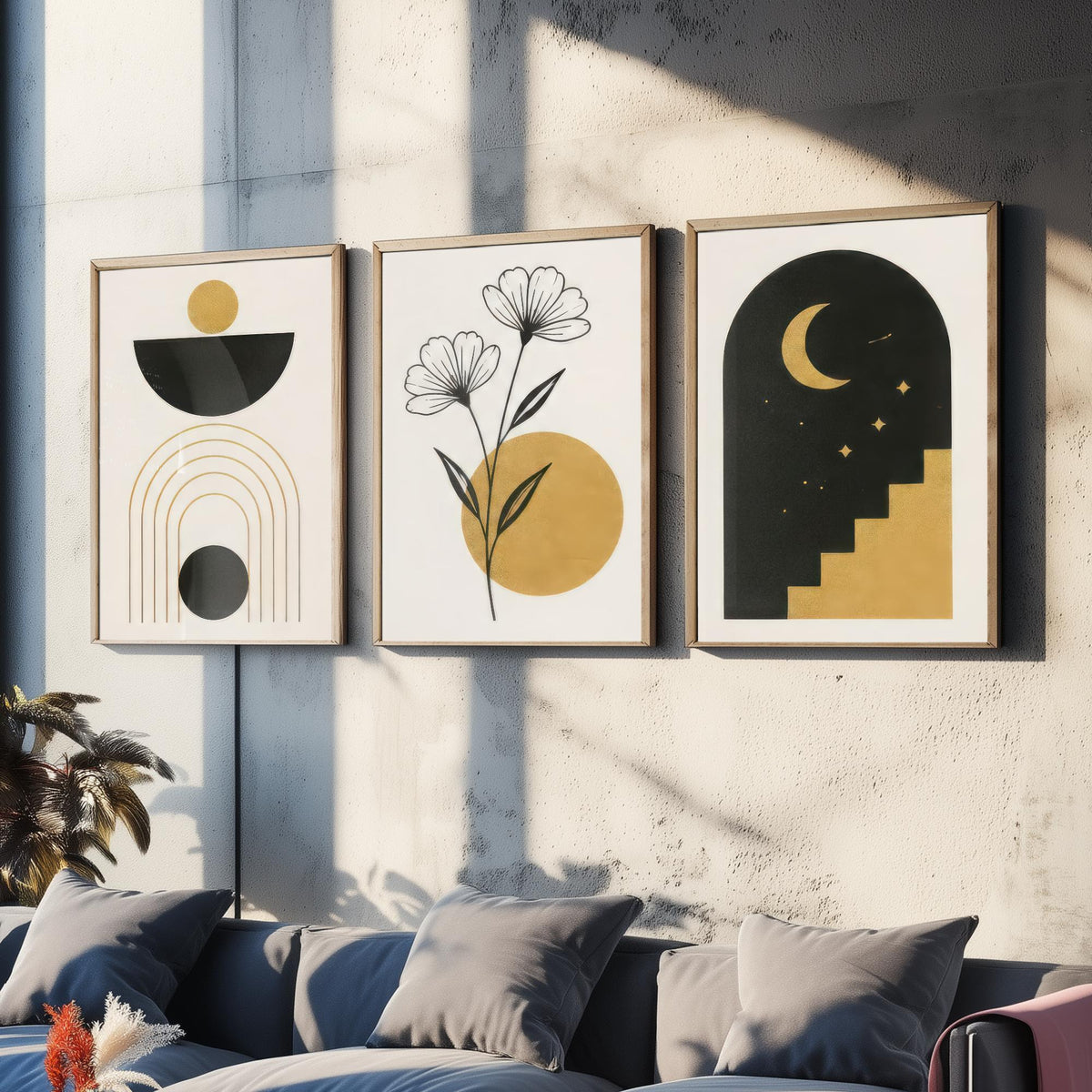 Black and Gold Celestial Set of Three Art Prints - Sun Bowl and Arches, Line Art Flowers, Moon Stairway Arch - Boho Illustration Poster V2