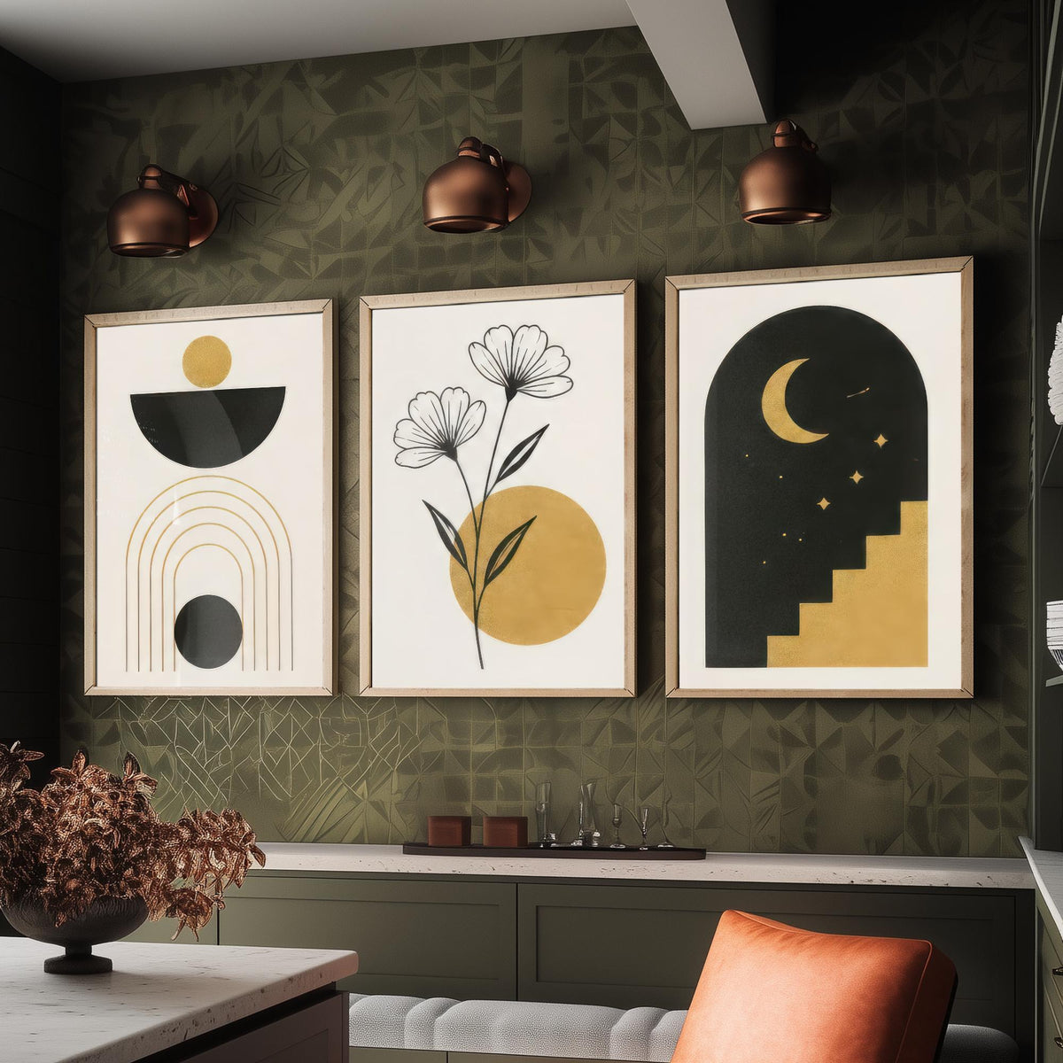 Black and Gold Celestial Set of Three Art Prints - Sun Bowl and Arches, Line Art Flowers, Moon Stairway Arch - Boho Illustration Poster V2
