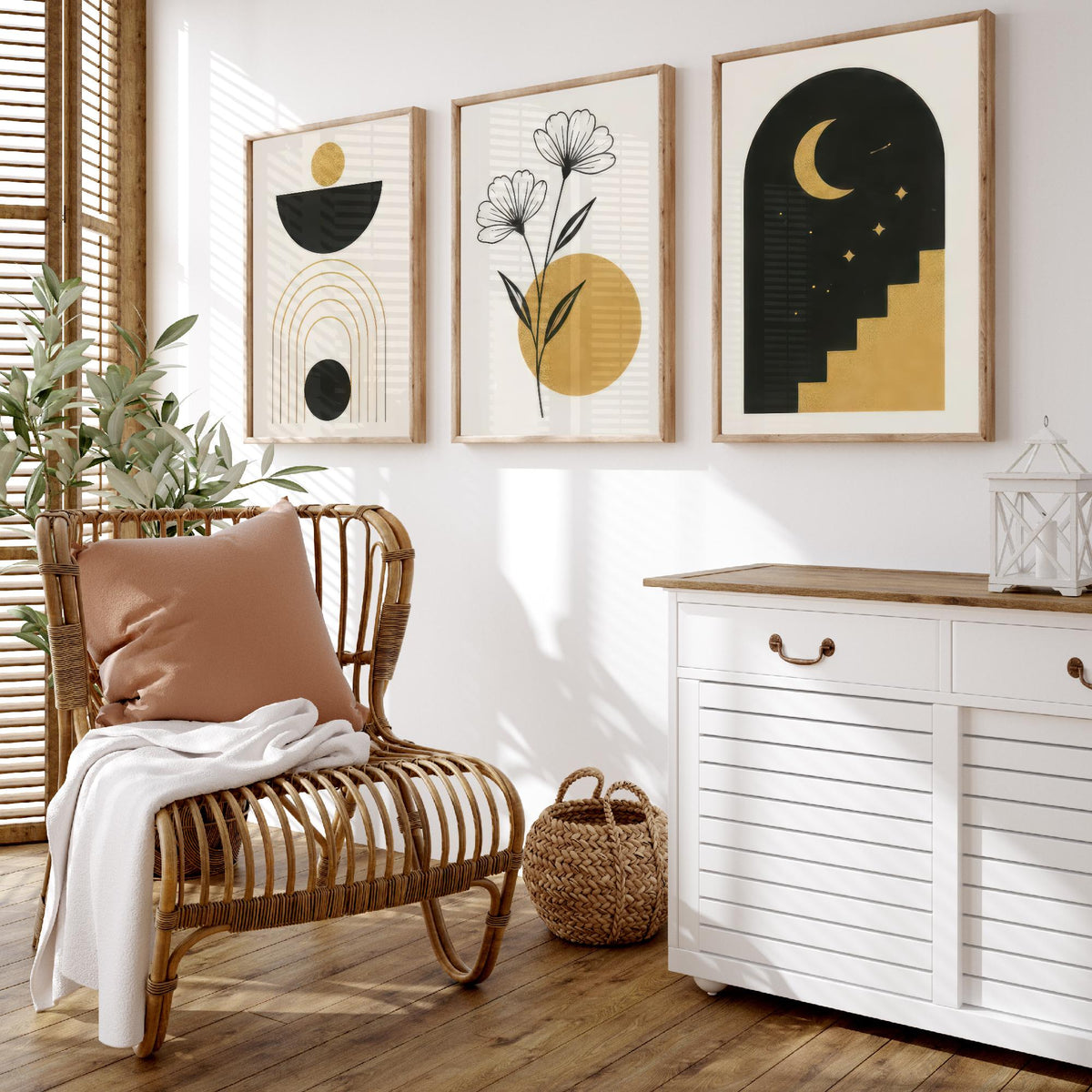Black and Gold Celestial Set of Three Art Prints - Sun Bowl and Arches, Line Art Flowers, Moon Stairway Arch - Boho Illustration Poster V2